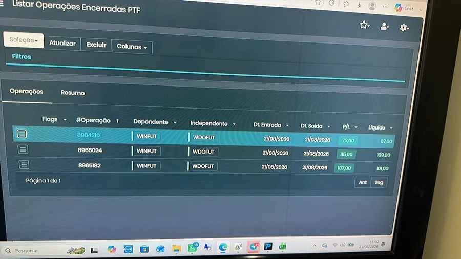 Tela da Plataforma Gamma Quant mostrando três operações WIN x WDO encerradas em 21/08/2026, todas positivas
